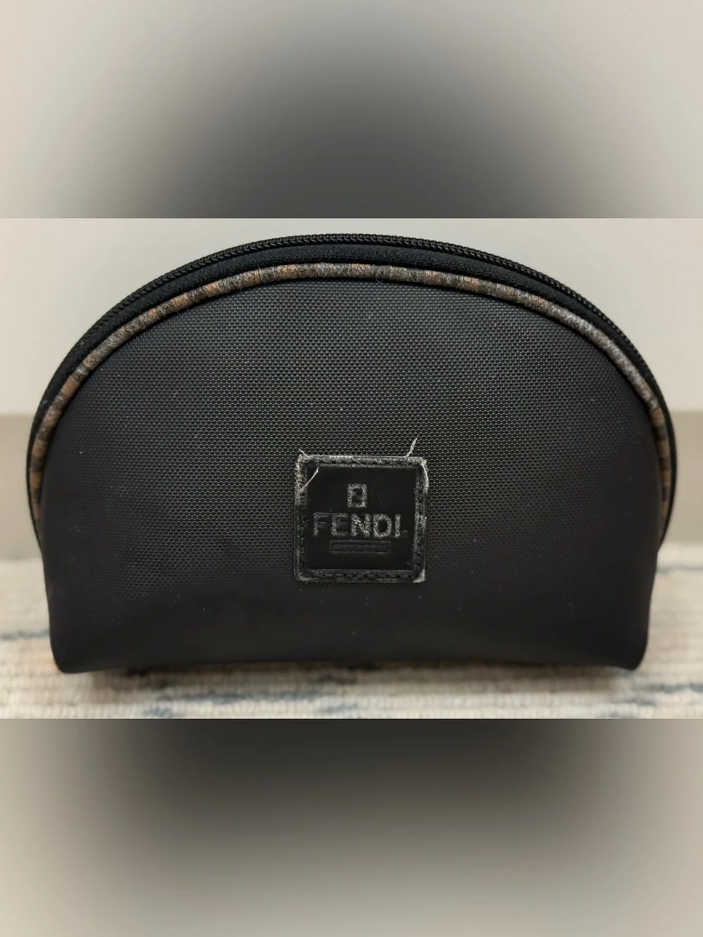 FENDI Vintage 90’s Signature Pequin Black Nylon Half-Moon Clutch/Cosmetic Pouch